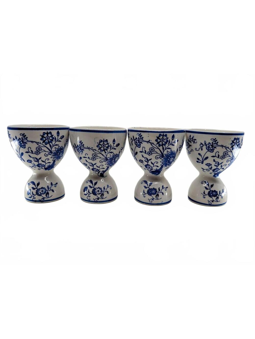 Vintage Blue Onion Ceramic Egg Cups Set of 4 Blue White Floral